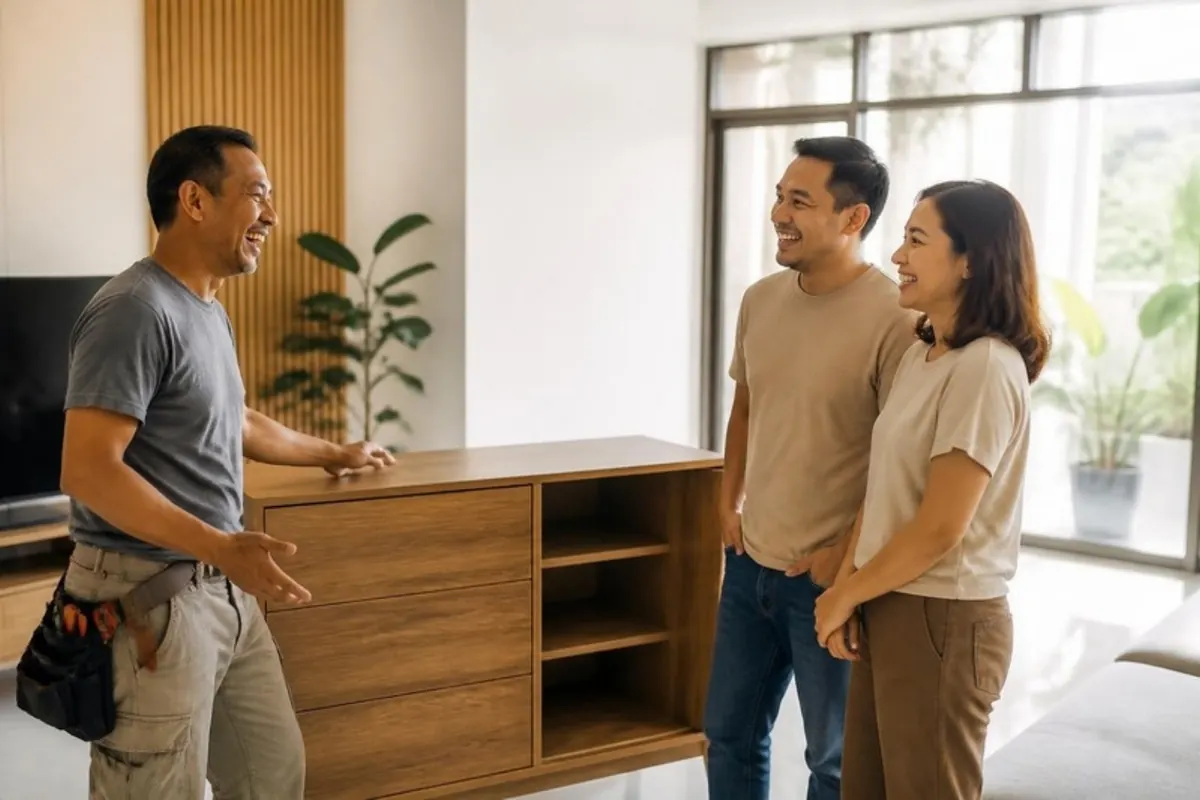 A carpenter laughs with a couple beside the kitchen cabinet he has just finished.