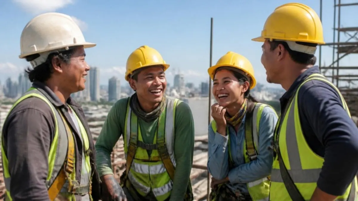 Four construction workers in safety vests laugh together on a rooftop with the city behind them.