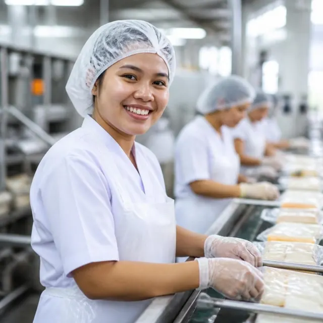 A worker in a hairnet and gloves on a food production line.
