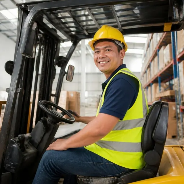 A forklift operator in a safety vest at the controls in a warehouse.