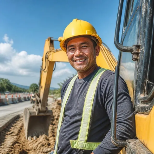 An excavator operator stands at the cab door with the bucket raised behind.