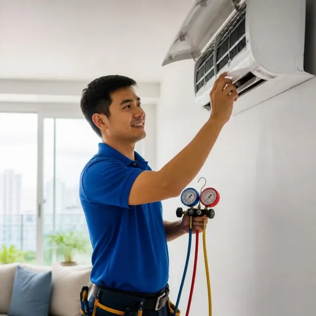 A technician services a wall-mounted air conditioner with a gauge set.