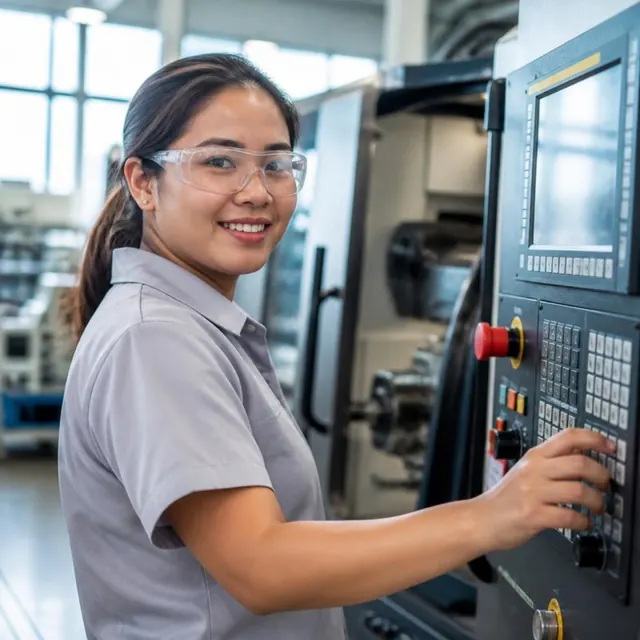 A machine operator in safety glasses works the control panel of a CNC machine.