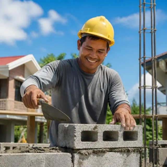 A mason lays a hollow block with a trowel on a sunny site.