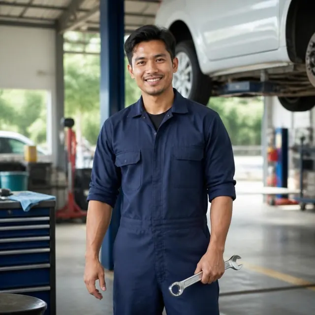 A mechanic holding a wrench in a garage, a car raised on the lift behind.