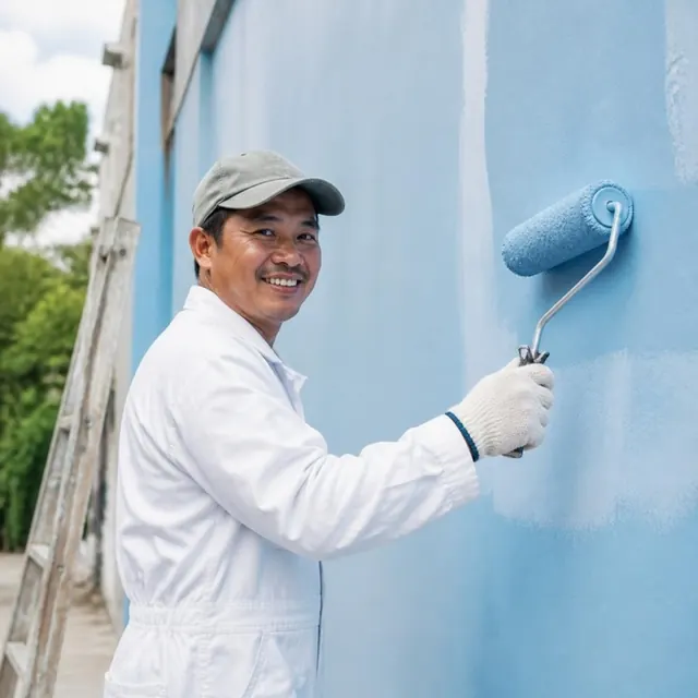 A painter in white overalls rolls light blue paint onto an exterior wall.