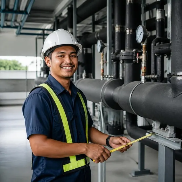 A pipe fitter measures a large pipe run inside a plant.