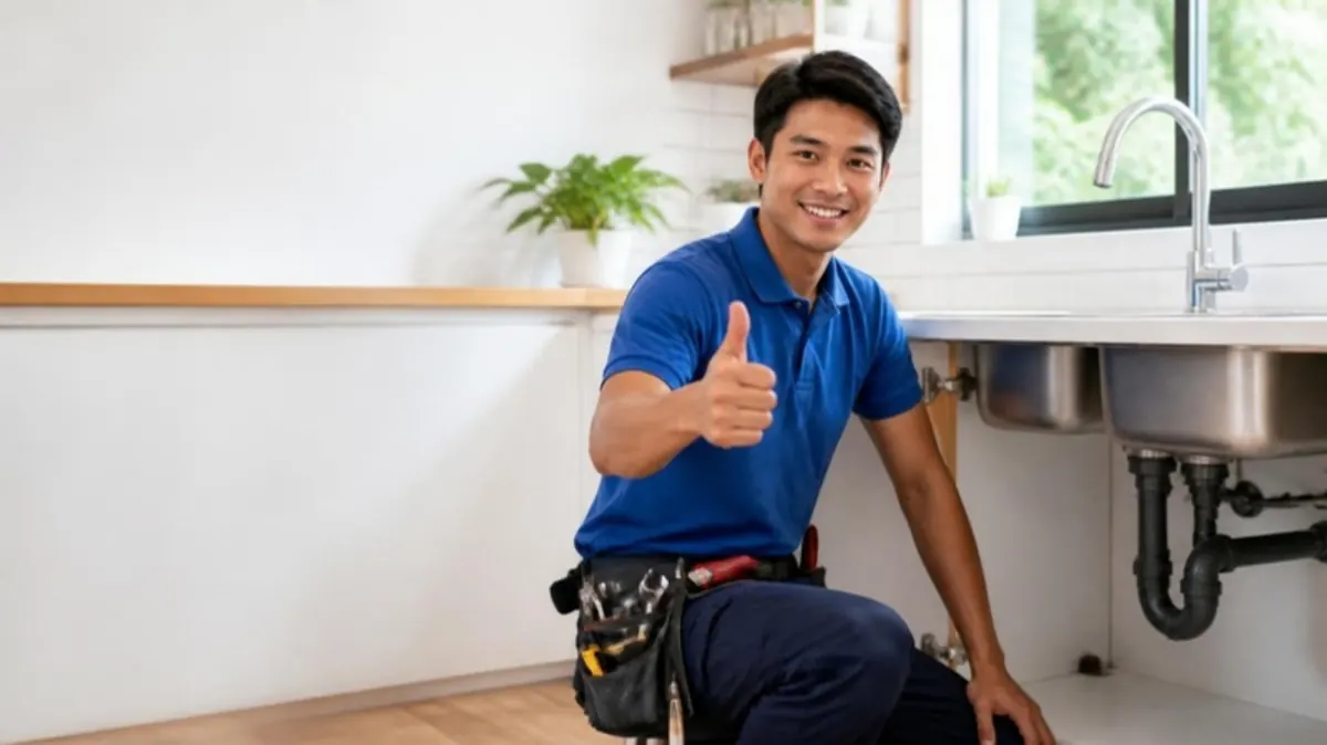 A plumber kneeling by a newly installed sink gives a thumbs up.