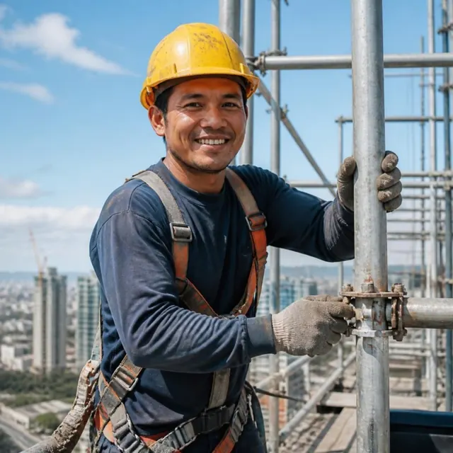 A scaffolder in a harness grips a scaffold tube high above the city.