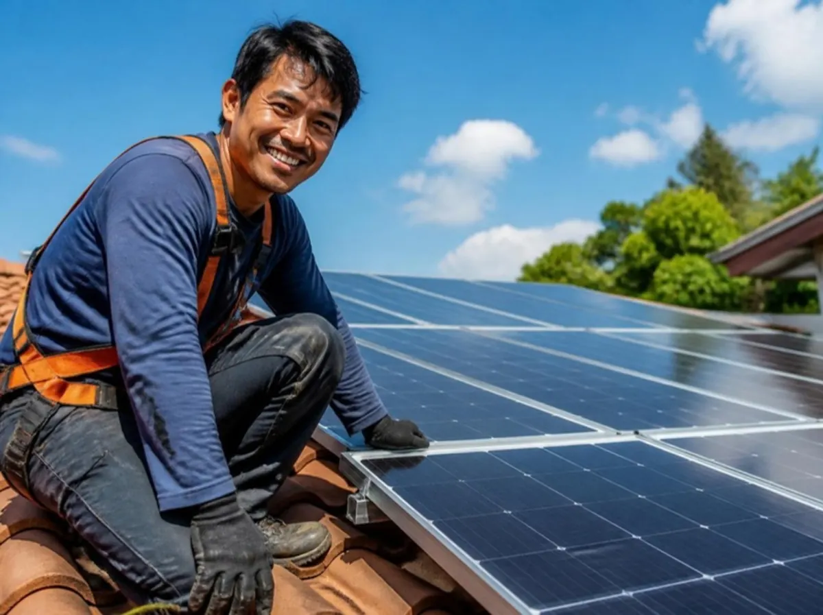 A solar installer kneels on a tiled roof beside a row of panels.