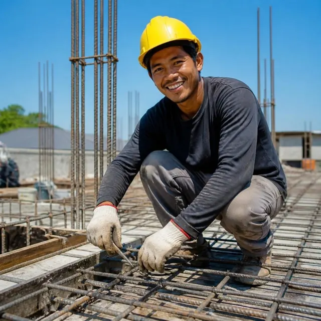 A steel fixer crouches over a mesh of rebar, tying bars by hand.