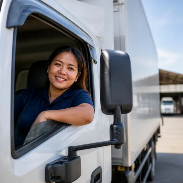 A driver leans out of the cab window of a delivery truck.