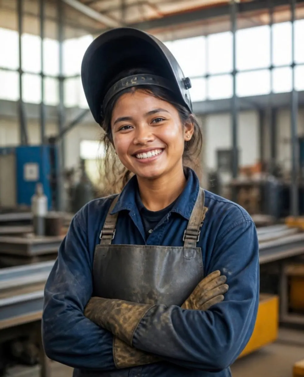 A welder with the helmet pushed up stands with arms crossed in a workshop.